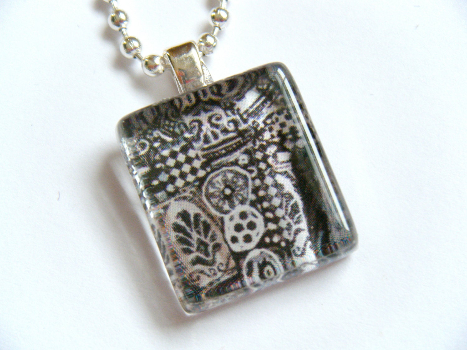 Black White Abstract Design Recycled Material Glass Tile Pendant Upcycled Paper Necklace Jewelry