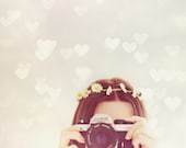Camera Love 6x4" Heart bokeh, portrait, daisy chain, summer, nikon, vintage. Small fine art film photography print by Indea Vanmerlin