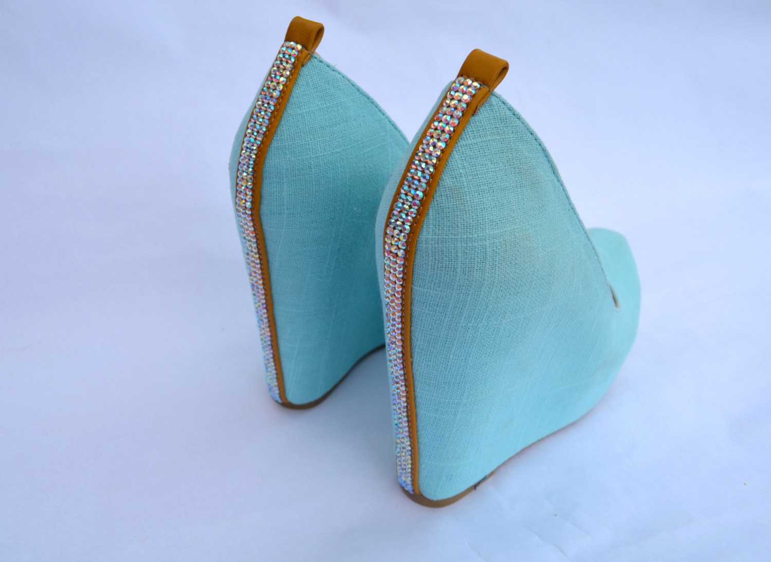 Aqua Platform Wedges with Iridescent Rhinestones Down Heel