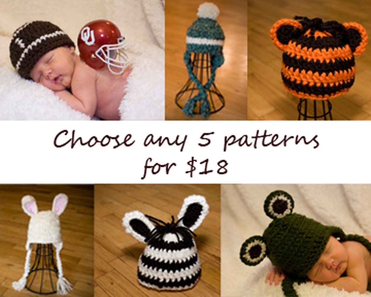 5 Patterns for 18 Crochet Quick and Easy Hat Beanie Toboggan Adult Baby Newborn Photography Prop Studio Boy Girl Animal Earflap Toque