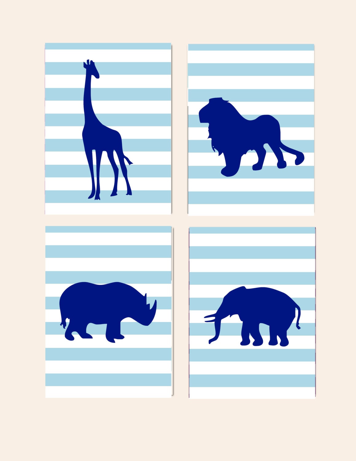 Nursery Wall Art- Kids Wall Decor- Safari Zoo Animals Set of 4 Prints for Nursery or Kids Room- Lion Giraffe Elephant and Rhino