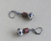 Natural Stone Earrings Earthy Hippie Boho Dalmatian Jasper Exotic Wood Bead Lathe Turned Gunmetal Jewelry Dangle Earrings