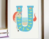 A4 Letter Alphabet artwork print: "U" / Nursery artwork / kids room artwork