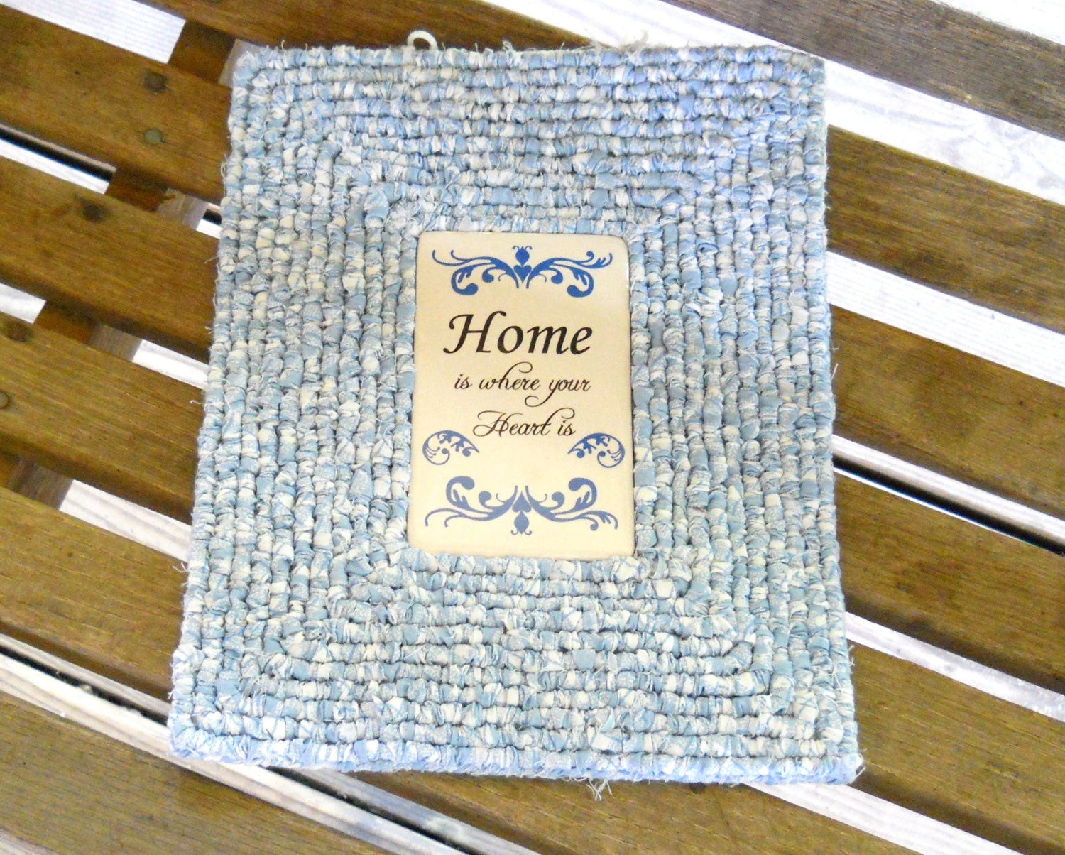 Locker Hooked Wall Decor, Locker Hooking, Country Home Decor, Wall Hanging, Hooked Trivet, Table Mat, Blue Trivet, Kitchen Decor