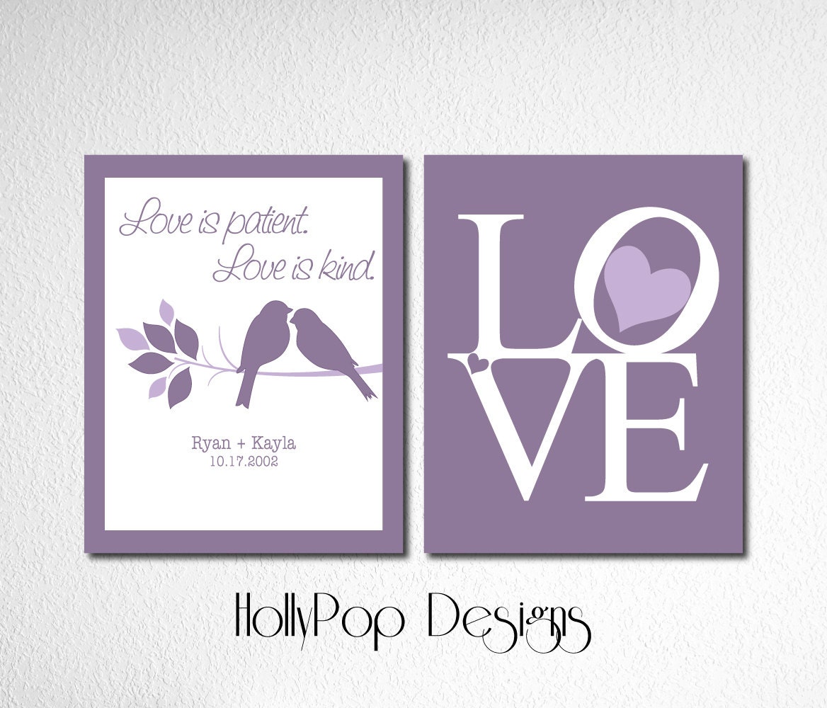 Love is Bible Verse Poem Wedding Gift 1st Anniversary 1 Corinthians 13 Marriage Blessing Personalized Name Prints Couple Purple Art