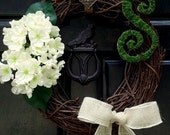 White Hydrangea Welcome Wreath With Moss Monogram and Perfect White Burlap Bow for Housewarming or Wedding
