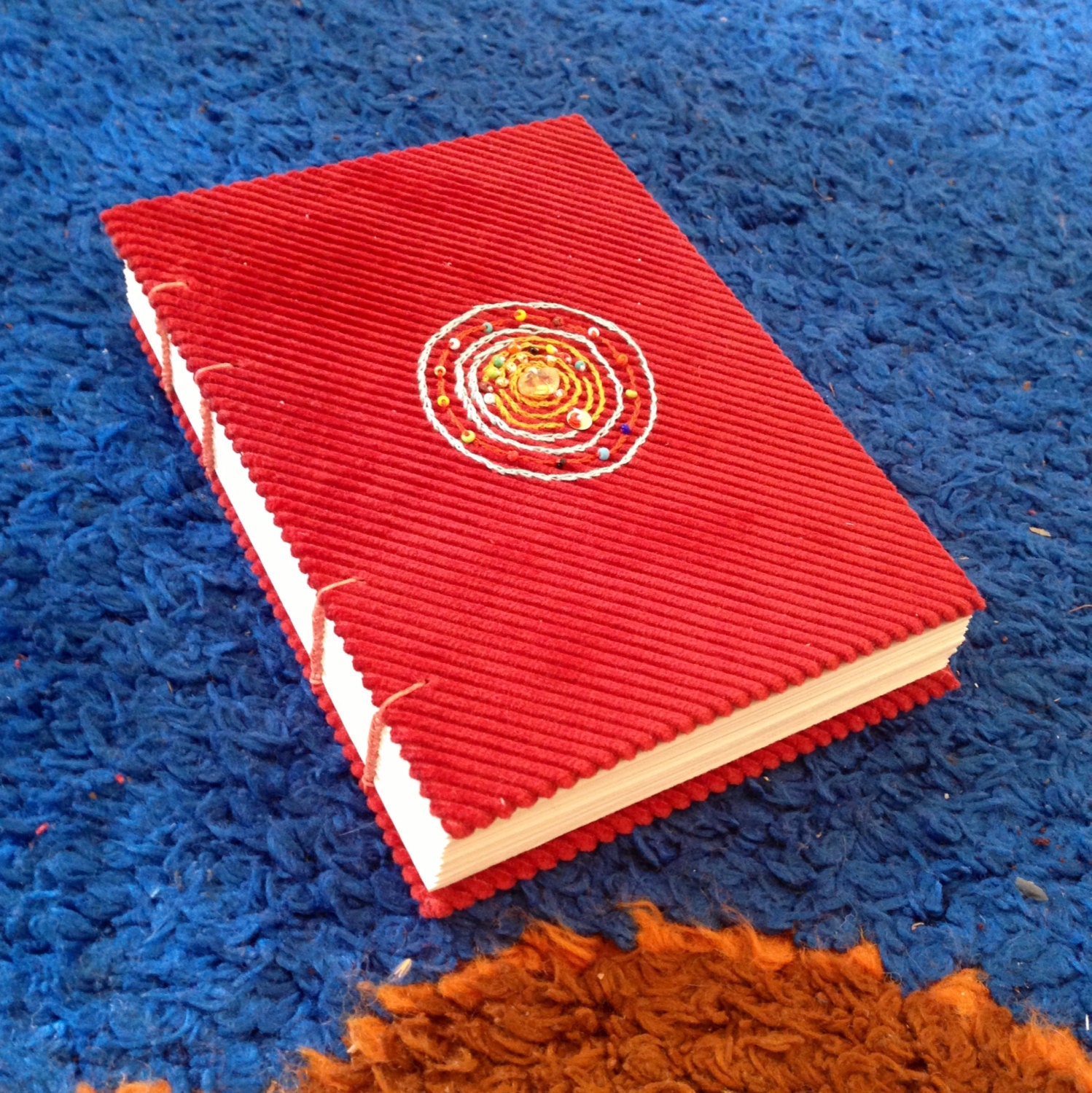 Journal Red CORDUROY BEADED and EMBROIDERED Blank Notebook