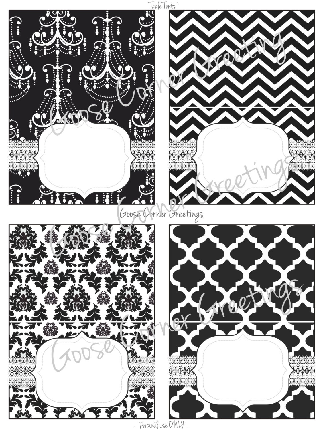 DIY Printable Food Labels/Table Tents-Instant Download-Black & White-Paris-Damask-Chandelier-Birthday party, Shower etc.