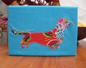Dashhound Dog Colourfull Cotton Fabric  Picture on canvas frame 5" x 7" x 0.75"