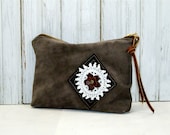 Leather Rich Brown Suede Clutch Camera Bag Purse Gadget Earthy Lace