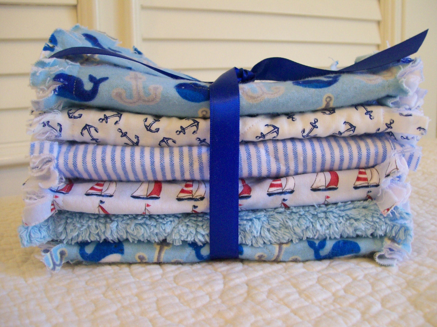 Thar She Blows Burp Cloths Rag Quilt Ready To Ship Blue Whales Anchors Nautical Sailboats Shabby Chic Style Baby Shower Gifts Gift Basket