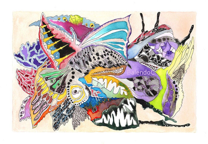 Limited Edition - Art print of Original watercolor painting and ink and pencil drawing - illustration - Abstract Wings - 5.8 x 8.3