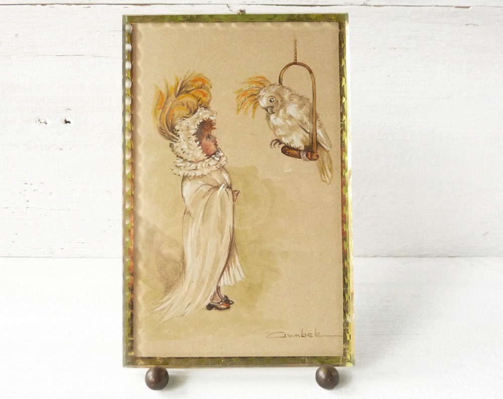 Vintage french Glass Stand with an original watercolor