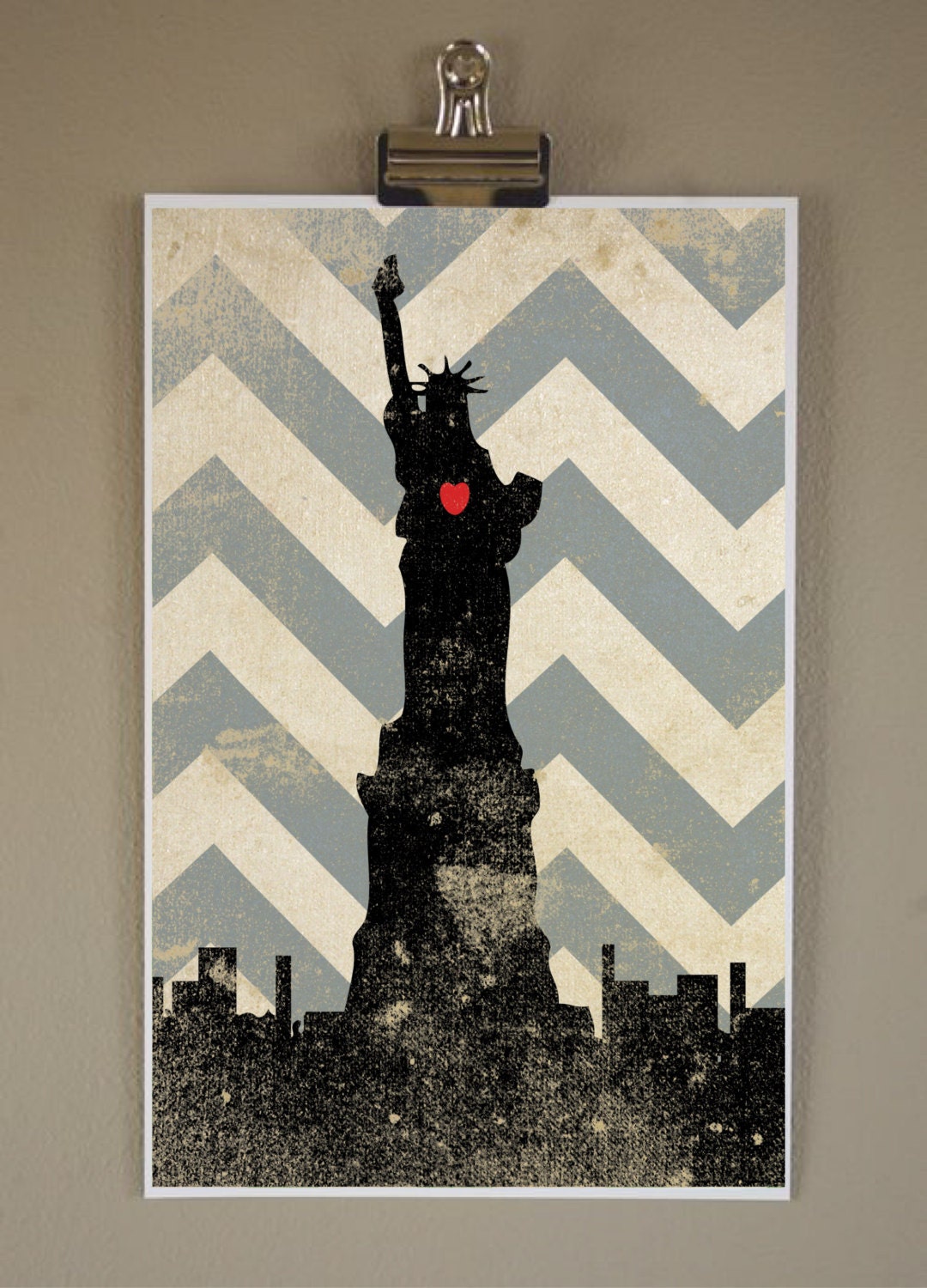 Statue of Liberty Silhouette on Chevron Background: 11X17 Art Print, With Heart Studios - NYC, Nursery, Gift, Poster, Vintage