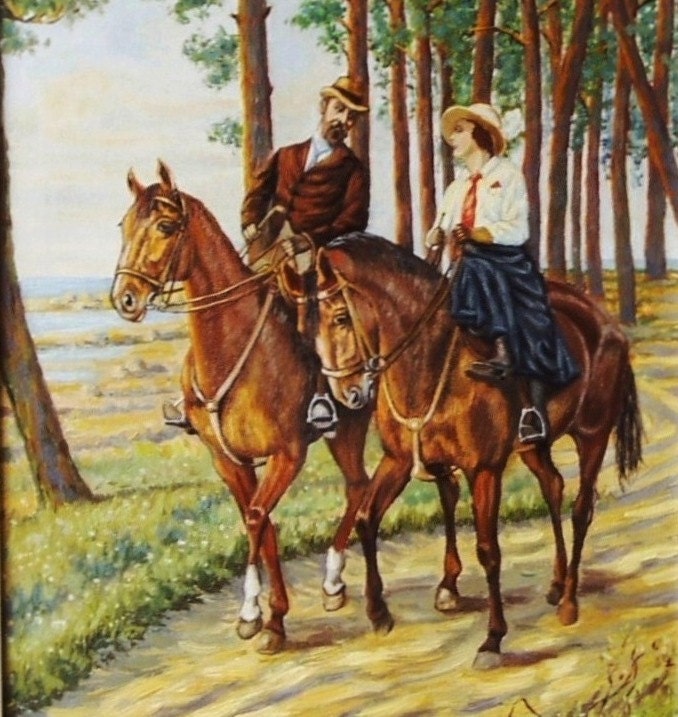 Large Oil Painting Riding Horses in woodland Framed Original Signed Vintage Oil on Canvas art wall hanging Ready to hang horse painting