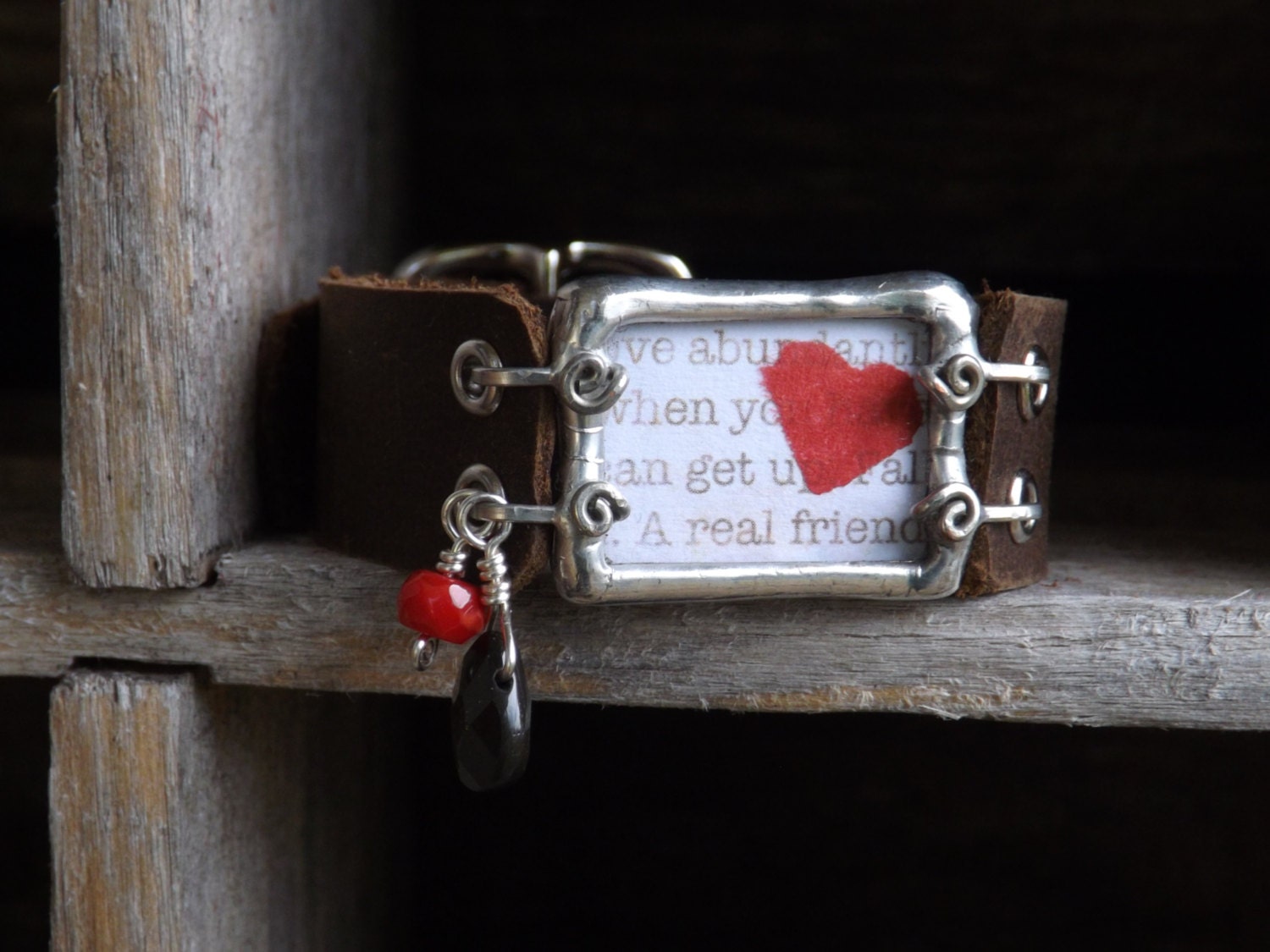 Red Tissue Paper Heart Soldered Bracelet with Leather Band