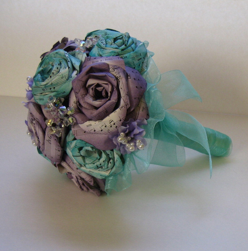 Sheet Music Rose Bridal Bouquet Tiffany Blue and Dusty Concord
