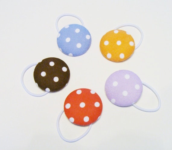 Set of Two, Cute Sweet Adorable, Polkadot Flannel Covered, Big Button Pony O Strings, Ponytail Holders for Girls And Women, Chic, Kawaii