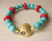 Turquoise  handmade with 22K gold plated  hammered coin evil eye bracelet