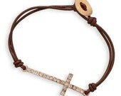 Brown leather rose Gold tone Crystal cross bracelet