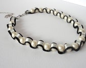 Necklace, pearl beads, black and beige ribbon, original, handmade, art, fashion