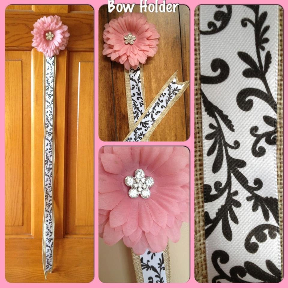 Ribbon Bow Bobby Pin Holder Pink Flower rhinestone with Burlap and black and white floral ribbon organizer girl