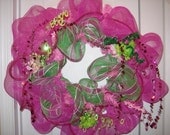 Decorated Poly Mesh Spring Wreath Pink, Fuchsia, Lime, Green