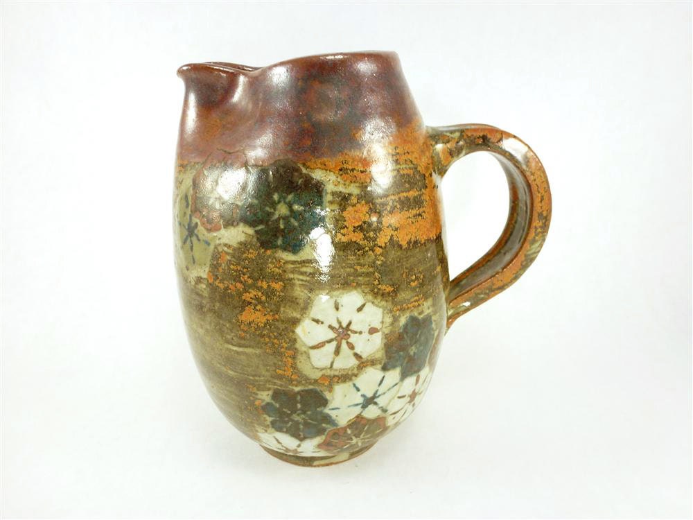 Vintage Ceramic Raku Floral Pitcher