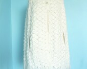 1960s hand knitted white cape/poncho with buttoned front . FITS MOST