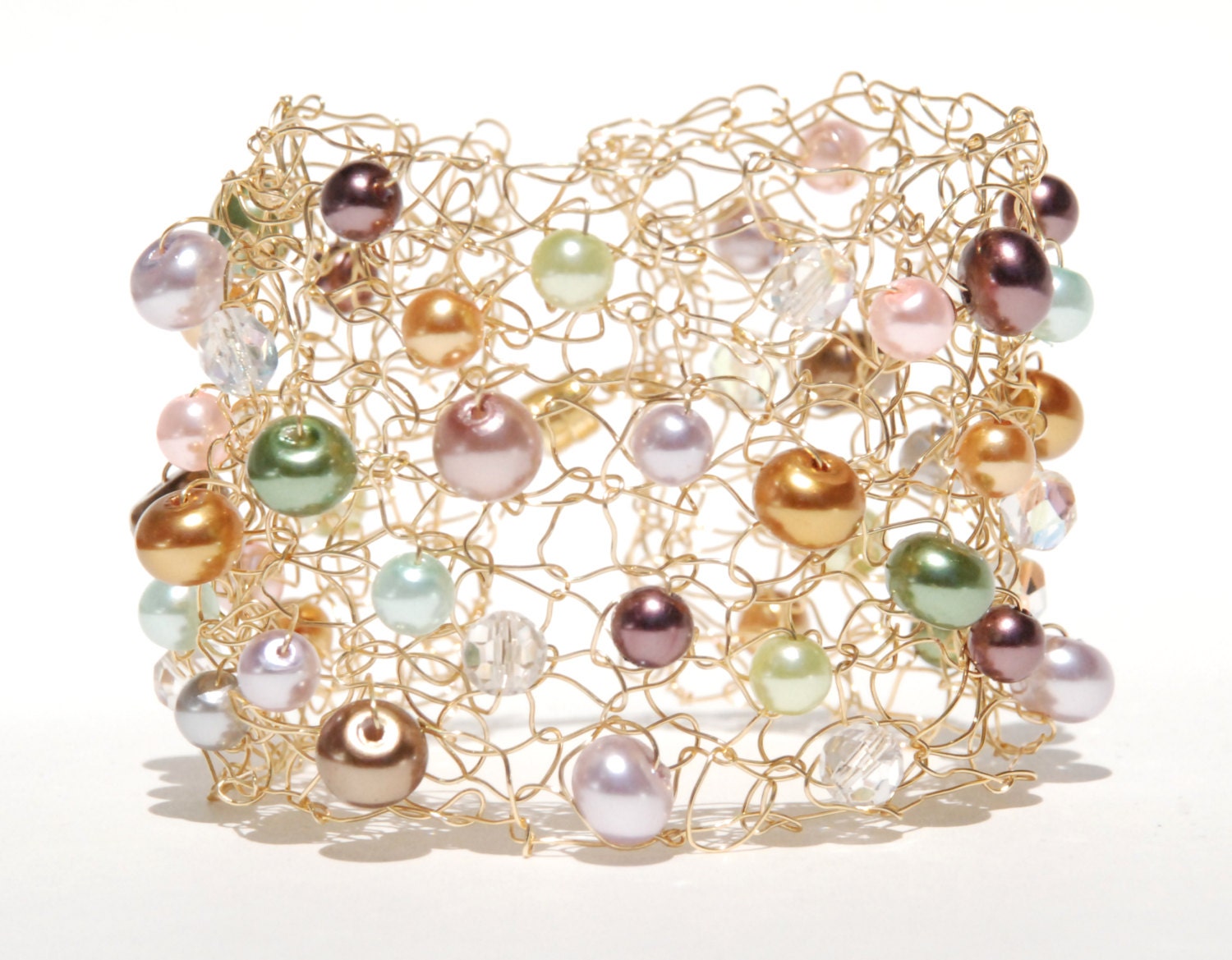 Multi Colored Gold Green Pink Lavender Glass Pearl Gold Wire Unique Cuff Wedding Party Gift - TheKnottyNeedle
