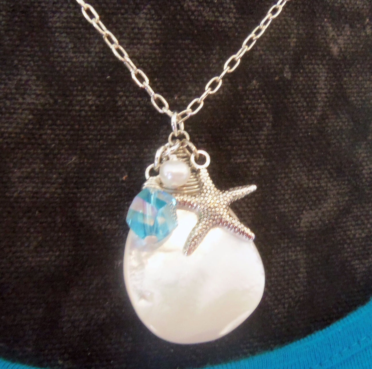 Sterling Silver Chain MOP Shell Pendant Starfish Pearl Swarovski Crystal Clear Aquamarine Beach Necklace