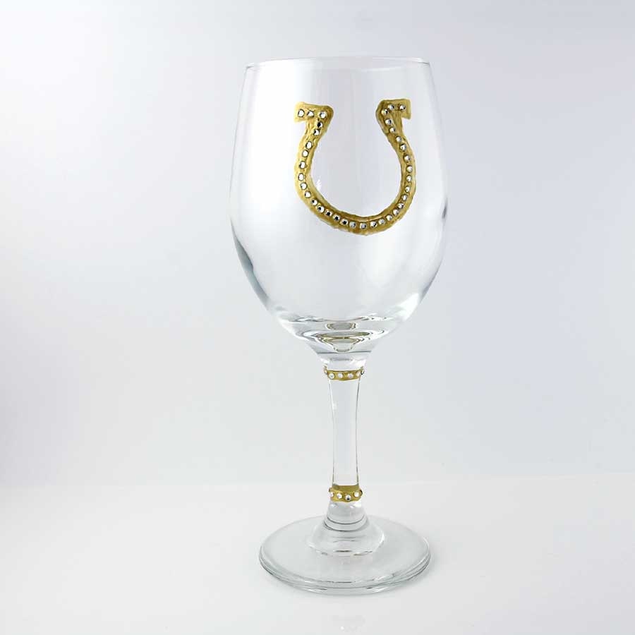Horseshoe Bling Wine Glasses, Clear Rhinestones, Gold Glass Paint, 20 oz. Wine Glasses