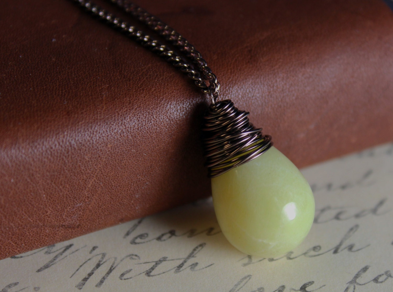 Handmade necklace, wire wrapped, rustic necklace, jade pendant necklace