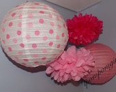 Pink Polka  2 Tissue Paper Pom Poms & 2 Decorated Paper Lanterns (Pink)