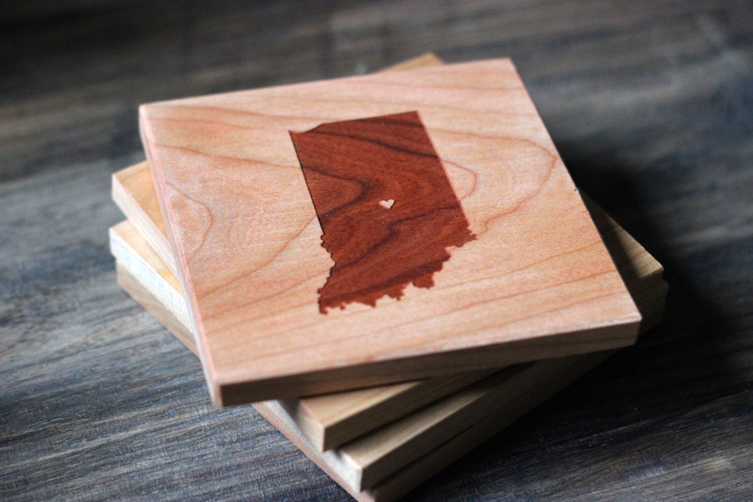 City & State or Country Silhouette Coasters, Set of 4 - Engraved Square Design with Heart Location