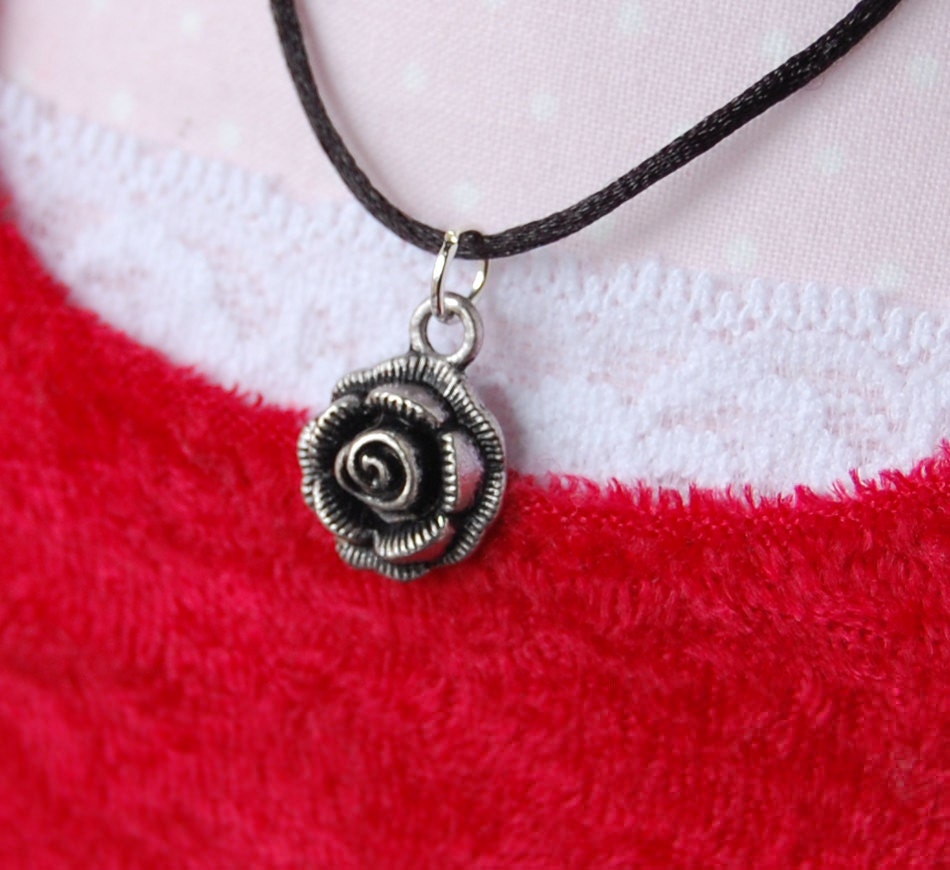 Black Silk Necklace, Rose Charm