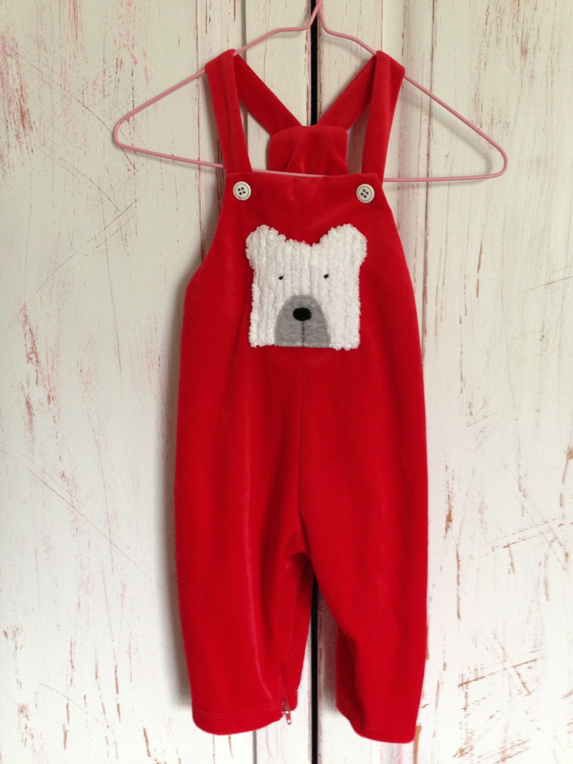 Vintage Red Velour Baby Overall By Sweet Potatoes 12 months - BlueLittleBirds