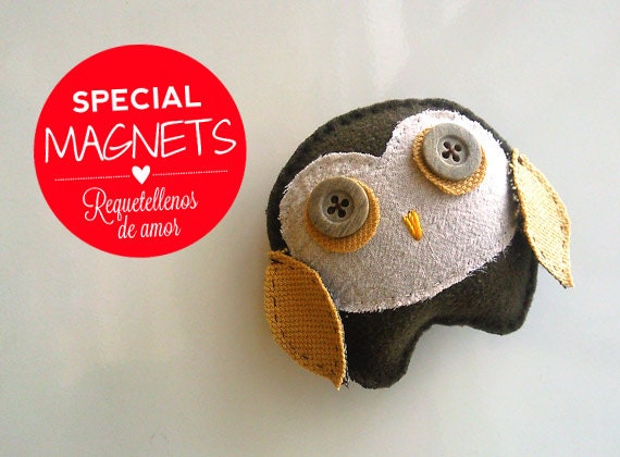 Handmade fridge magnet, stuffed owl plushie,eco friendly CIJ