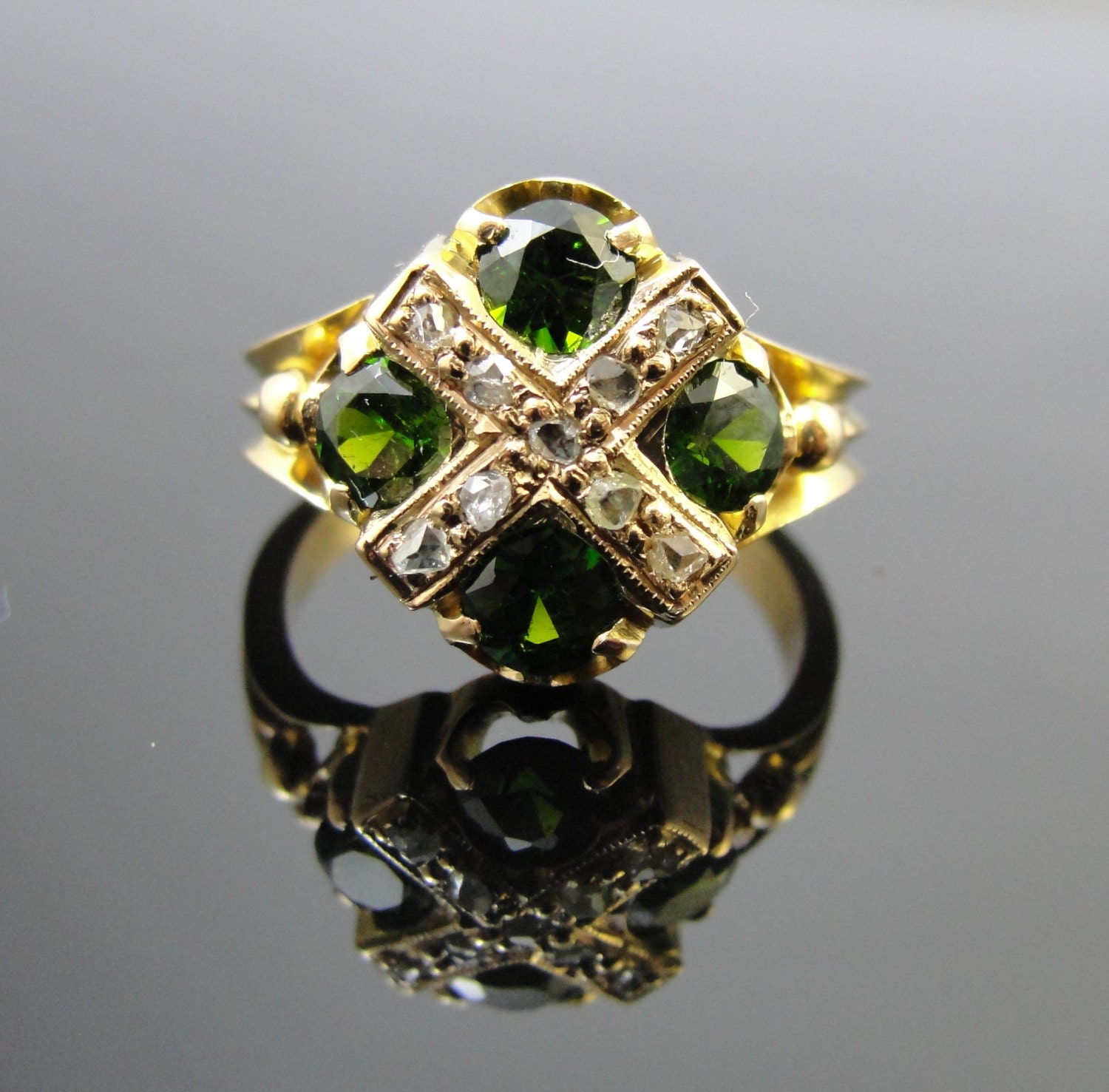 Vintage Demantoid Green Garnet and Rose Cut Diamond Ring, 14k yellow gold, RGDEM101D