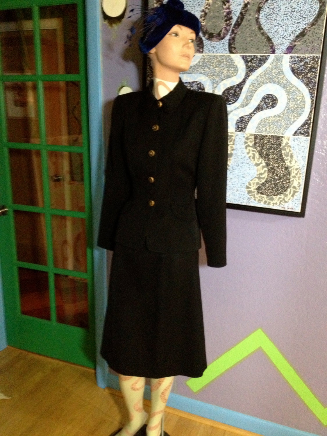 40s MANGER GABARDINE SUIT Made in California black with gold buttons