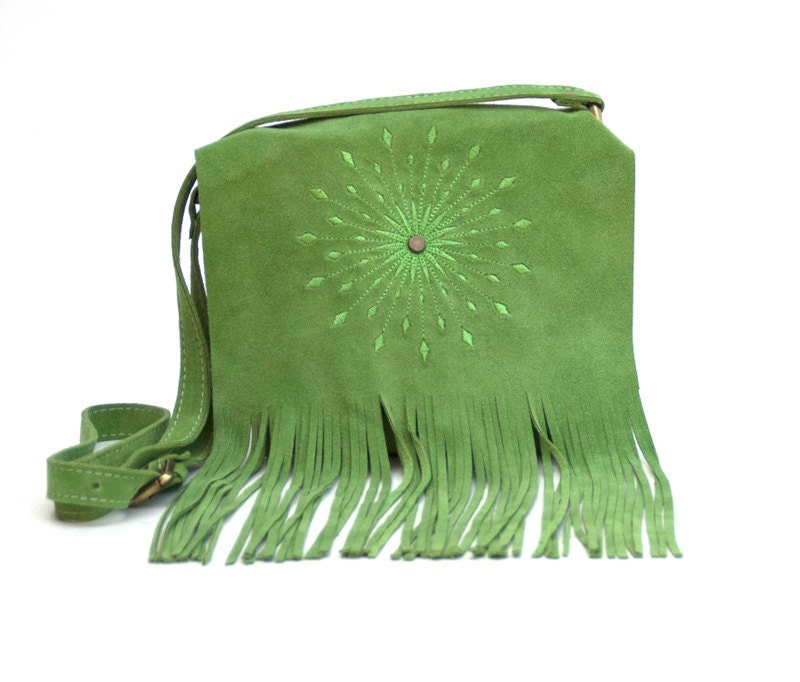 Fringe cross body leather bag in kelly green