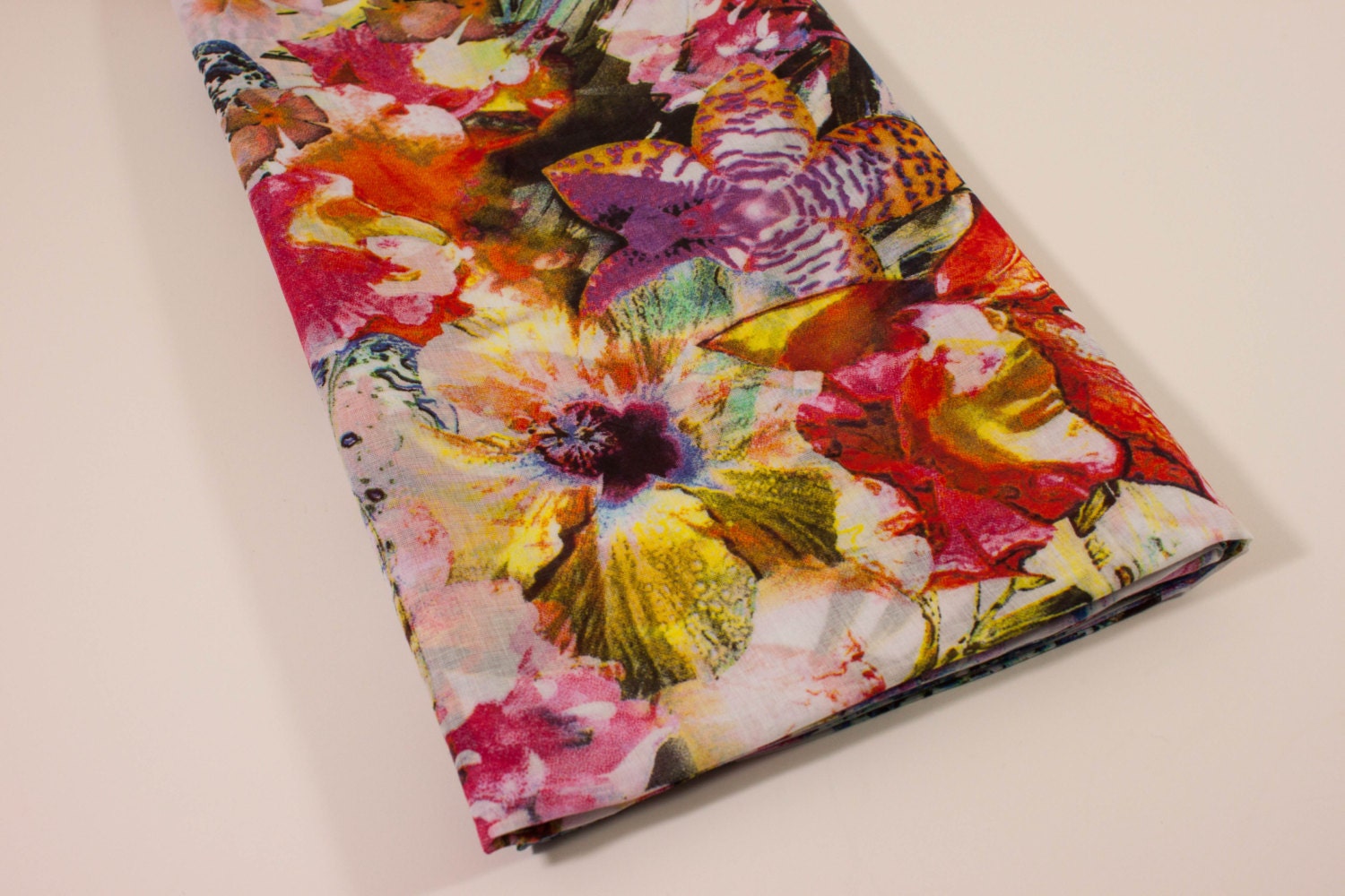 White with Bright Floral Print Cotton Batiste Fabric - Material - Flowers - Large Print