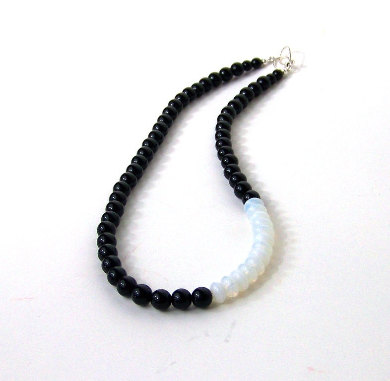 Minimalist Gemstone Necklace. Black and White Colorblock. Sterling Silver - NobleEarthJewelry
