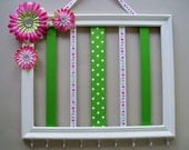 Girls11x14 hair accessories organizer, hair bow and headband holder, picture frame, girls room decor, white, hot pink, and green