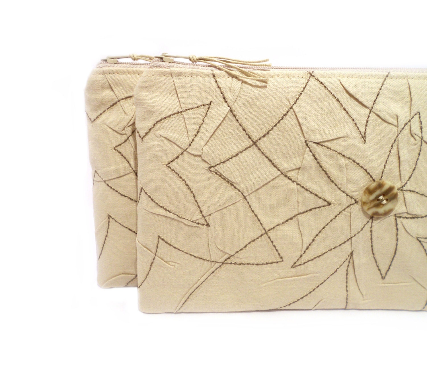 Natural linen zipper pouch, cosmetic pouch, makeup bag, rustic purse, floral embroidery pouch