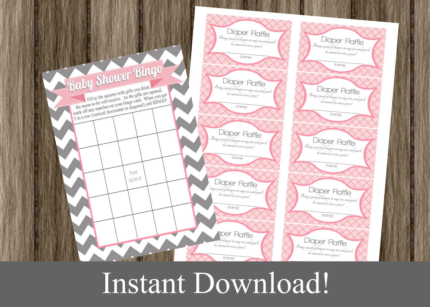 Baby Shower Bingo Game Cards and Diaper Raffle Tickets gray chevron and pink INSTANT DOWNLOAD diy digital printable file Il_170x135