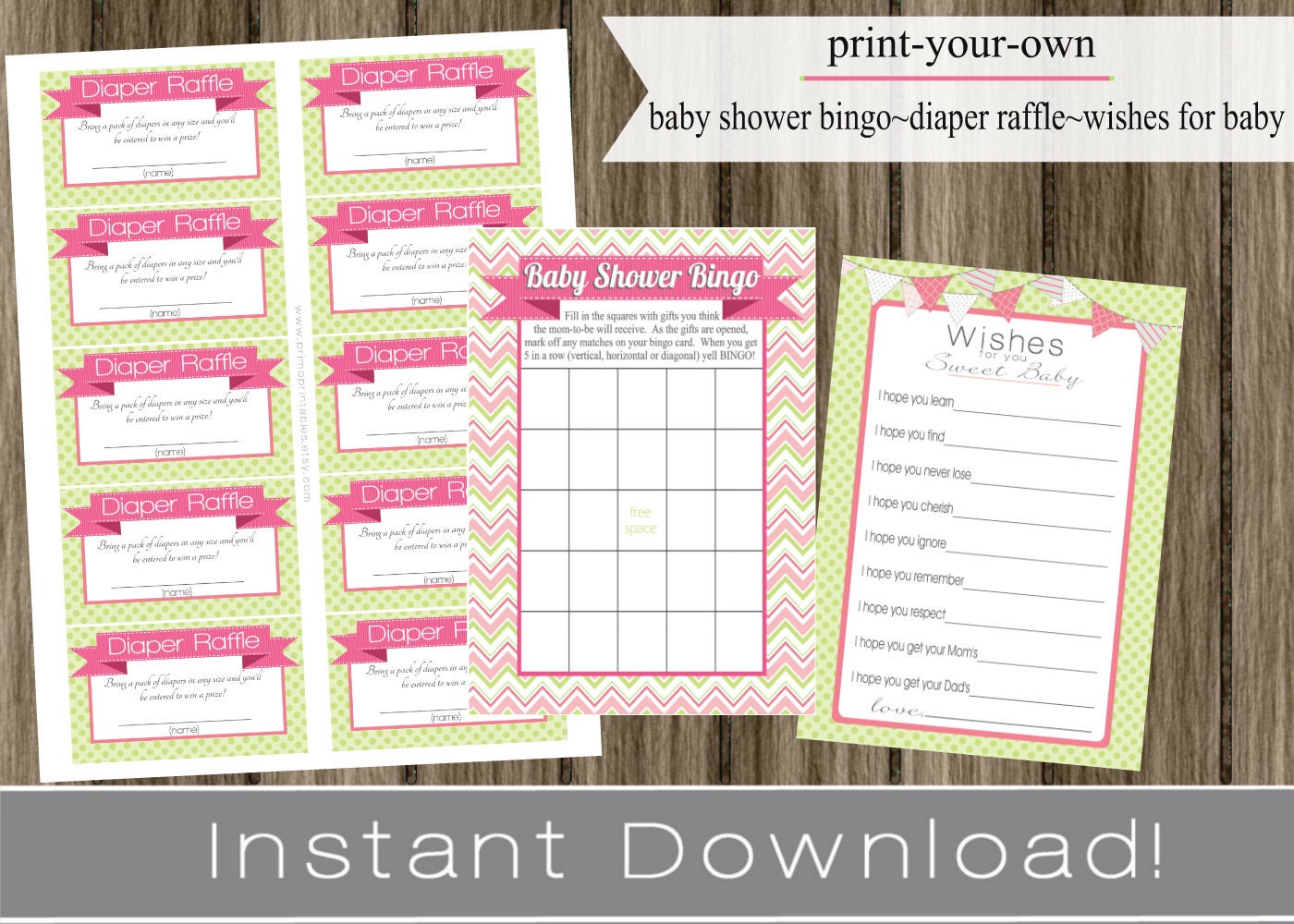 Girl Baby ShowerSet bingo Game Cards, Diaper Raffle Tickets, Baby Wishes pink and green chevron INSTANT DOWNLOAD diy digital printable file Il_170x135