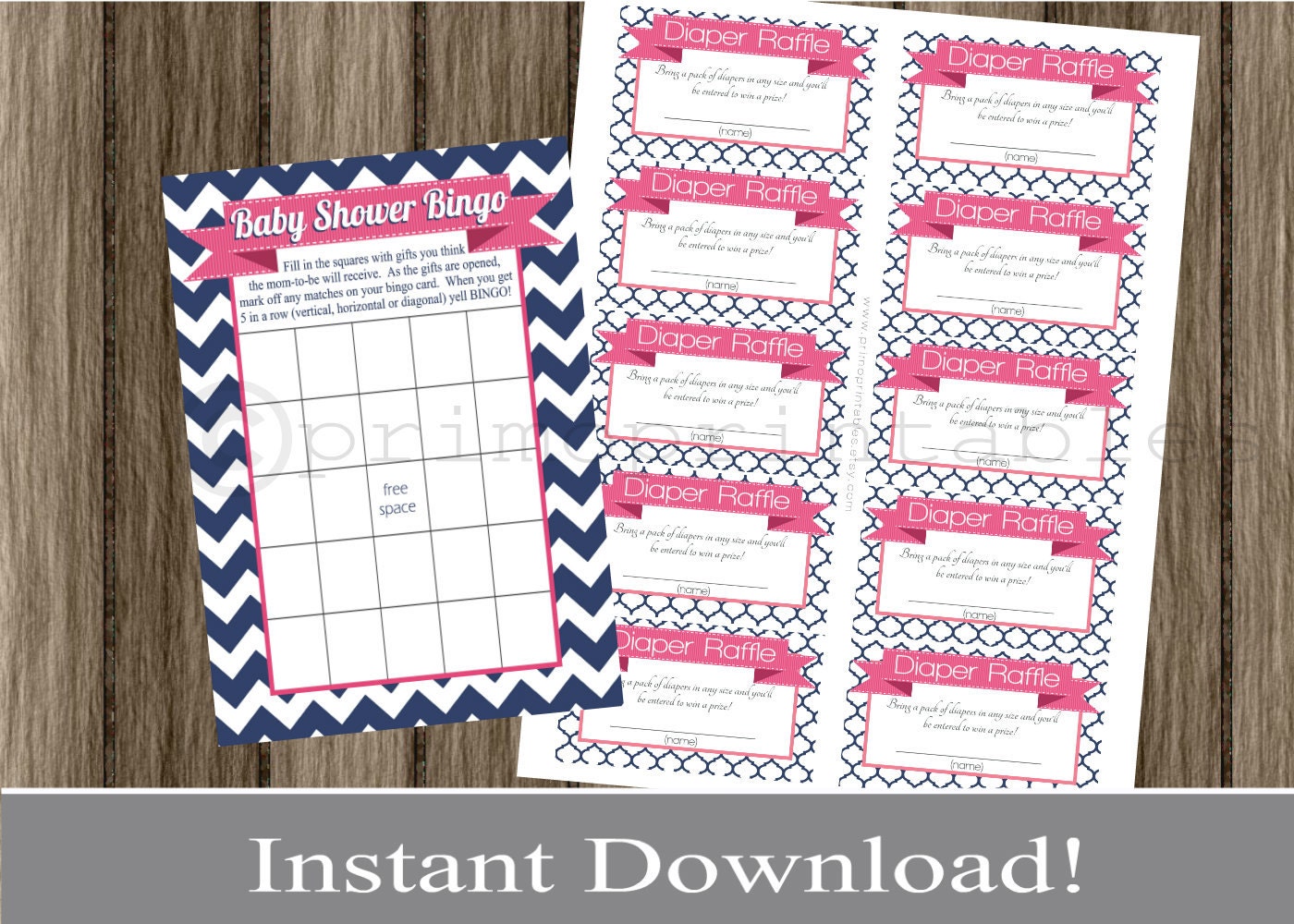 Baby Shower Bingo Game Cards , Diaper Raffle Tickets , blue chevron and preppy pink INSTANT DOWNLOAD diy digital printable Il_570xn