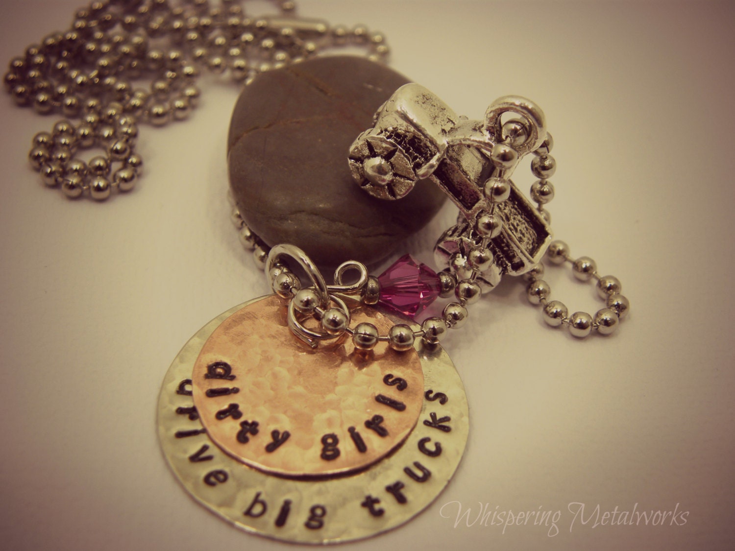 Dirty girls drive big trucks necklace metal stamped hand silver and copper with pink swarvoski bead