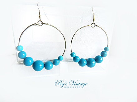 Turquoise Blue Plastic Beaded Silver Plated Hoop Earrings Handmade Costume Jewelry